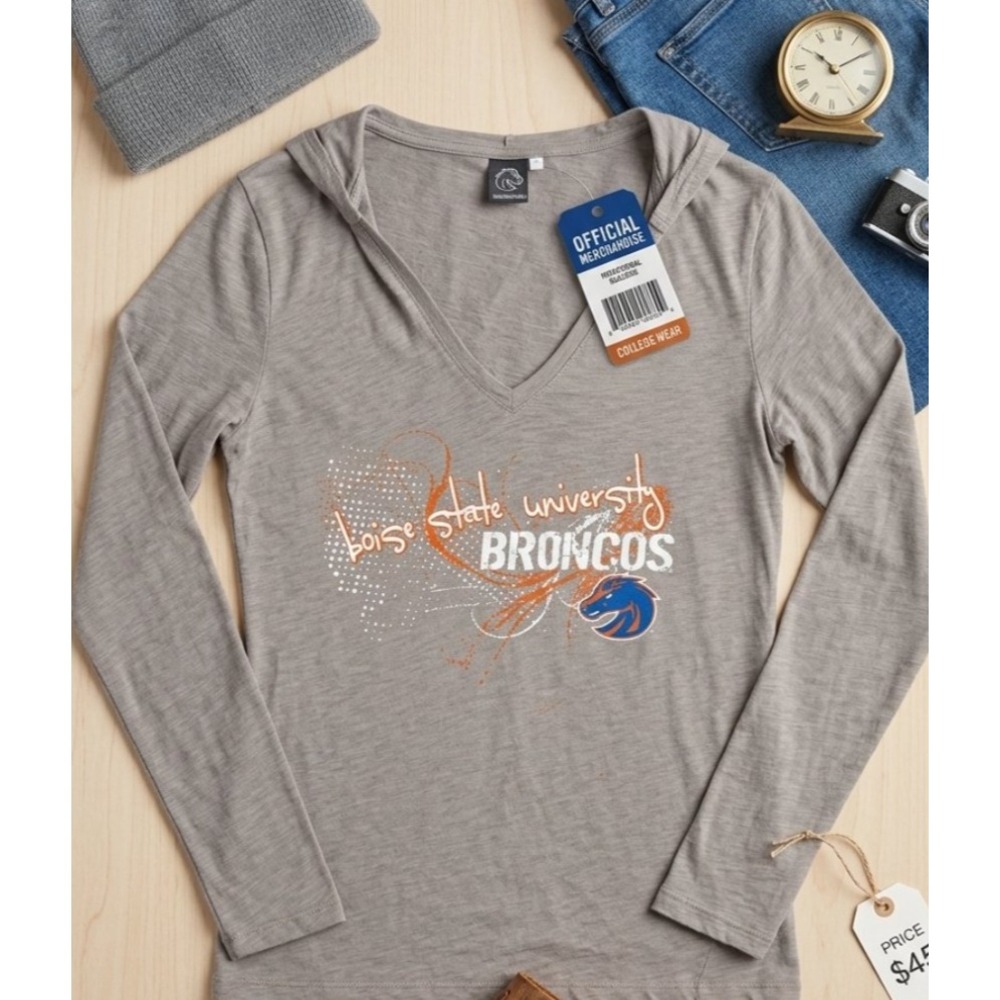 CI Sport Boise State University Broncos Hooded Long Sleeve V-Neck Tee Grey Large